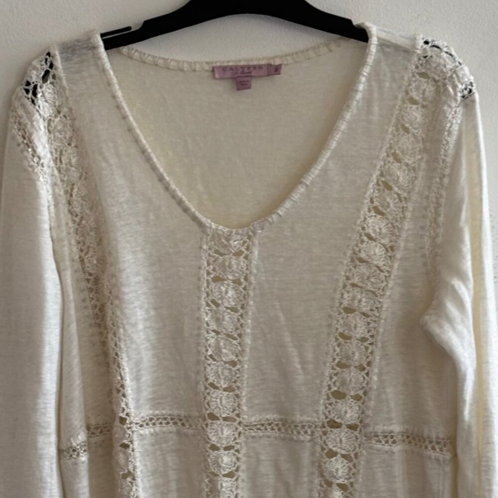 Calypso St. Barth Linen Tunic Boho Crochet Fringe | Small - Picture 3 of 6